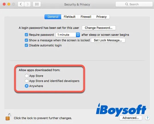 Die Option Überall wird angezeigt nachdem Gatekeeper auf dem Mac deaktiviert wurde