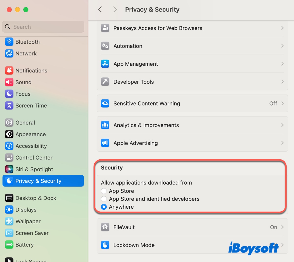 The Option anywhere selectd on macOS Ventura
