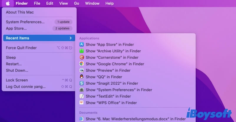 Recent Items in the Apple menu