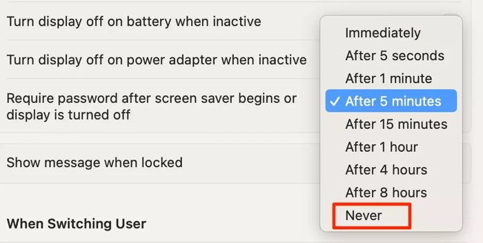 turn off password after display turns off