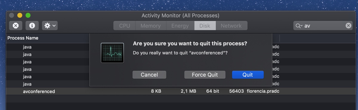 Force quit avconferenced on Mac