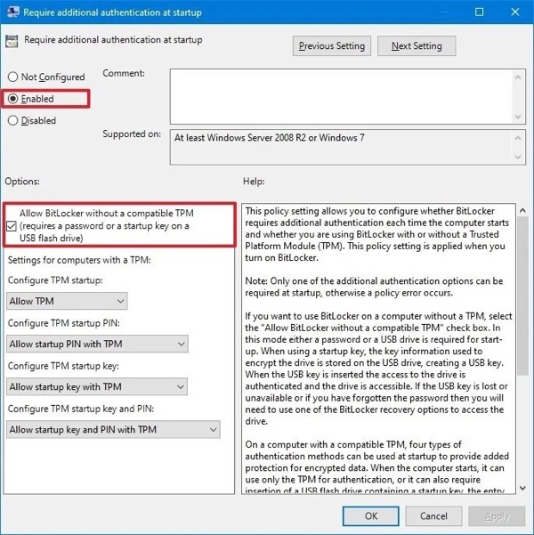 enable BitLocker gpedit policy