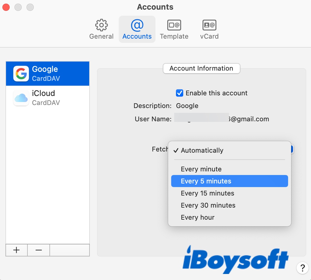 Set Google to fetch Contacts evrey 5 minutes