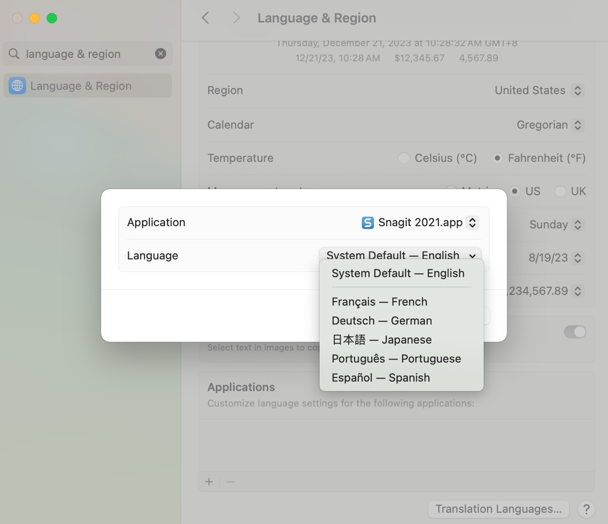 Select the app and language you want to use for it