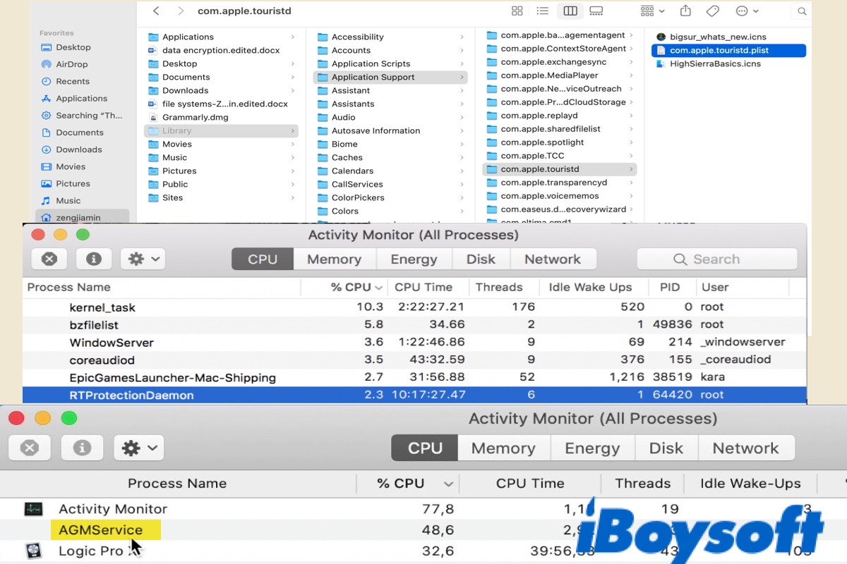 the touristd AGMService and RTProtectionDeamon on Mac