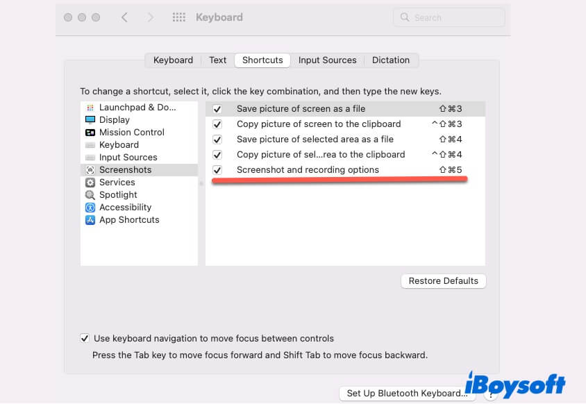 enable Command Shift 5 in screenshots settings