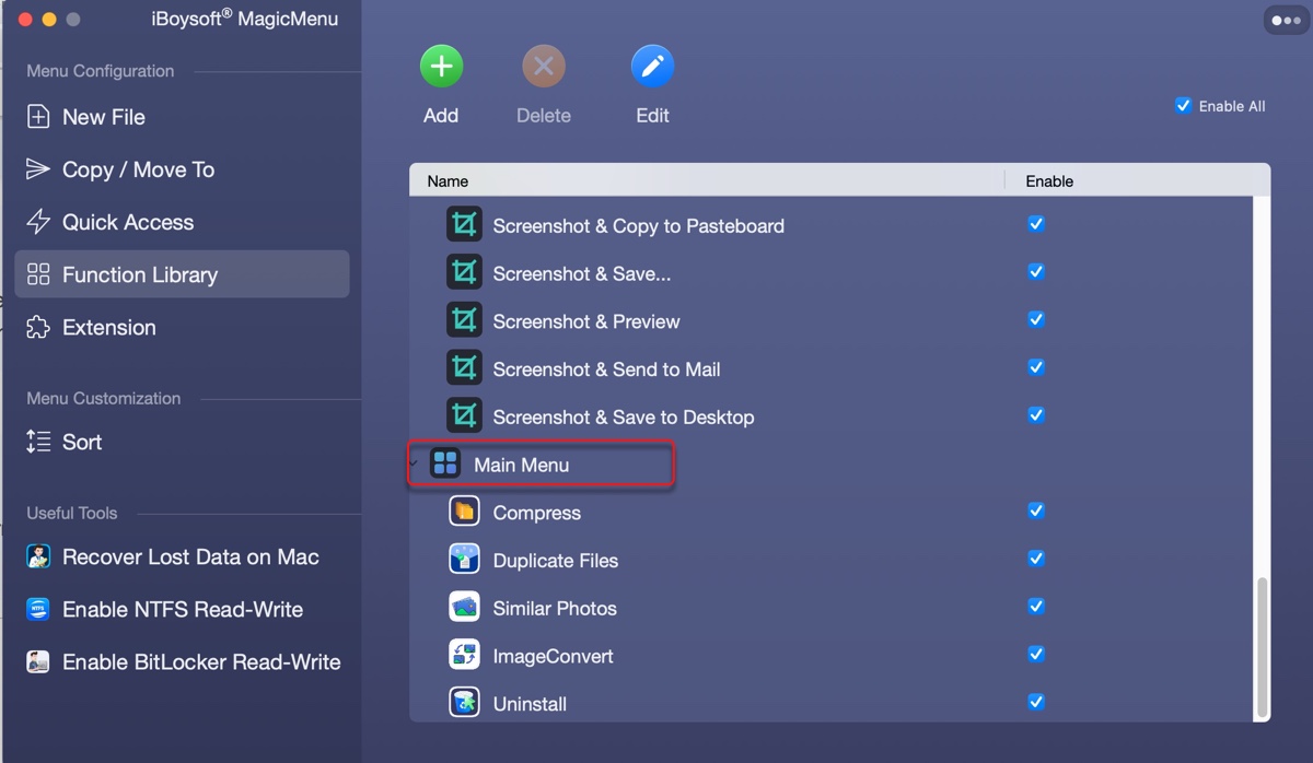 Add functions like compressing files to context menu on Mac