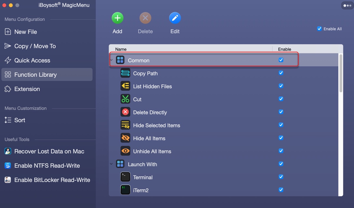 Common context menu on Mac
