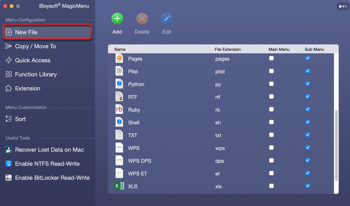 Add new file context menu on Mac