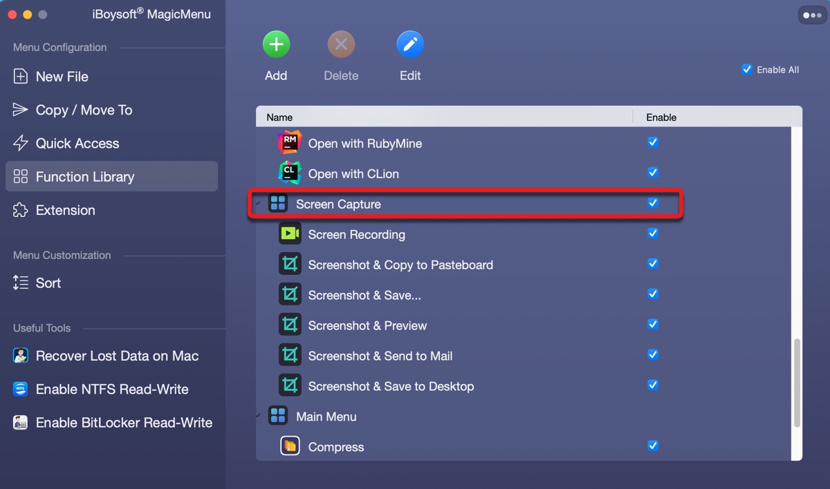 Add screen capture context menu on Mac