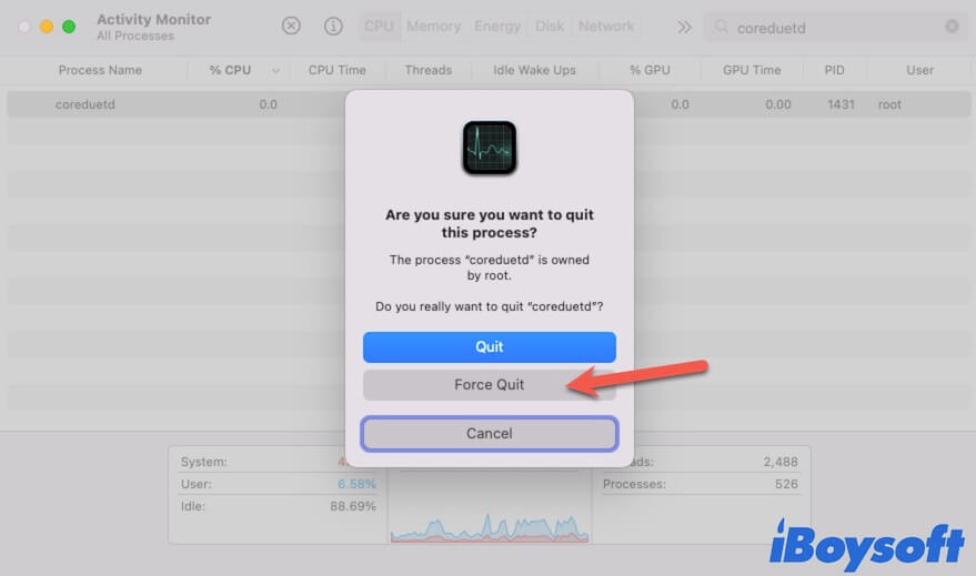 force quit Coreduetd in Activity Monitor to stop it