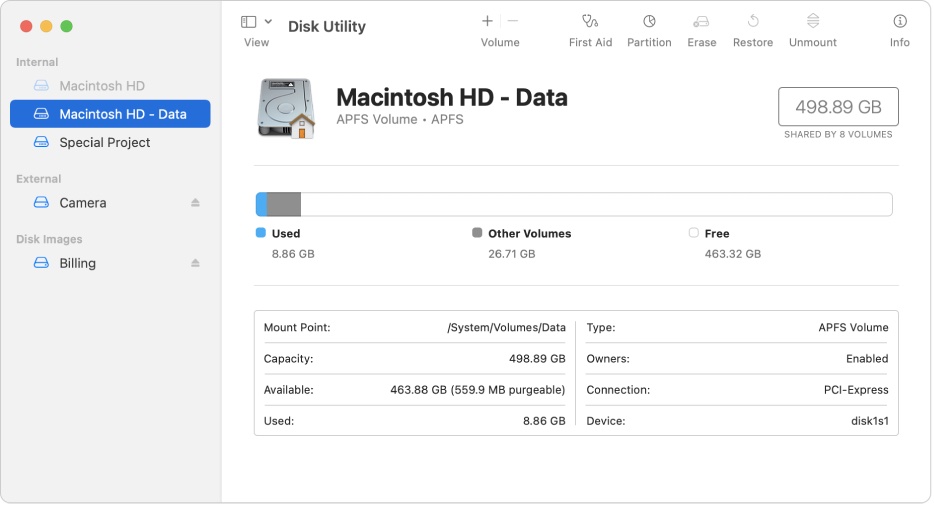 Disk Utility interface in Big Sur