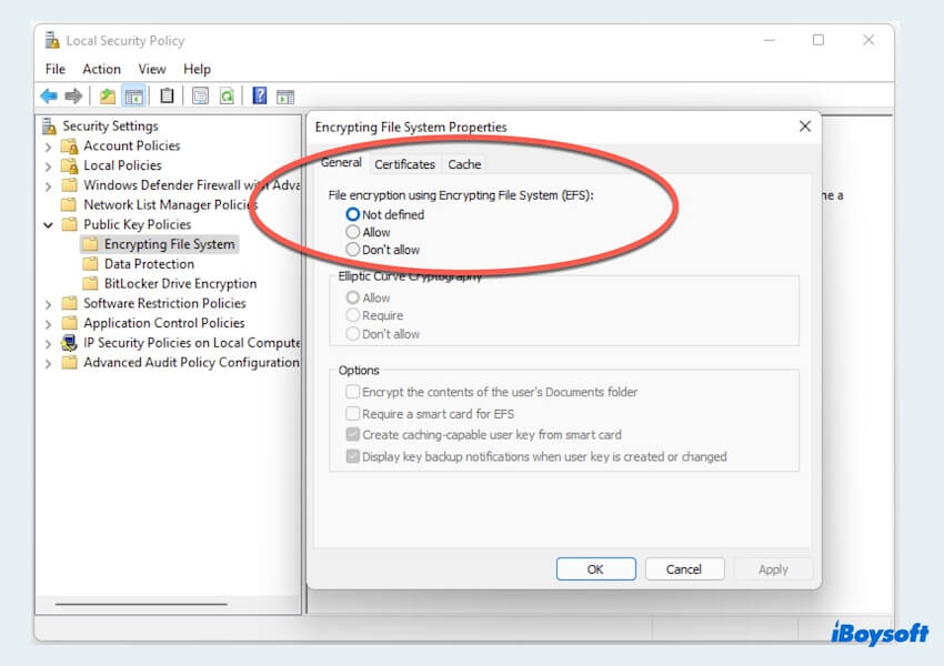enable Encrypting File System with local security policy