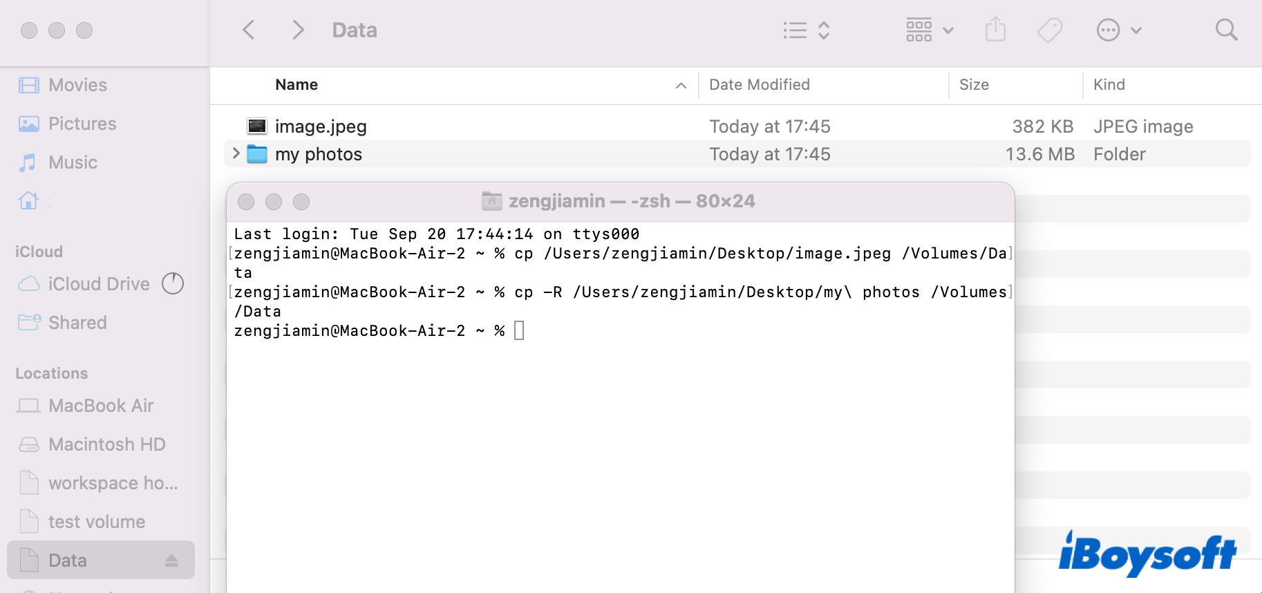 Run Terminal commands to copy files or folders from Mac to external drive