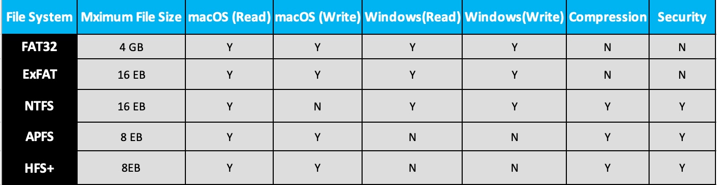File system comparison including maximum file size