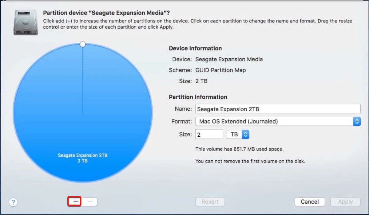 Click the add button to create a new partition on the external drive