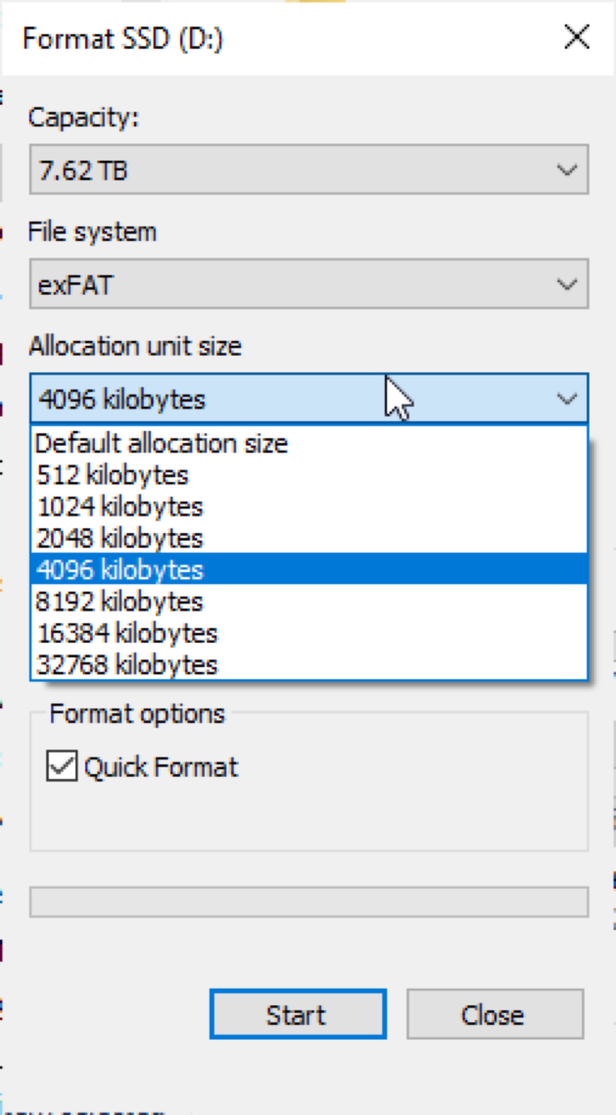 How to change allocation unit size on Windows