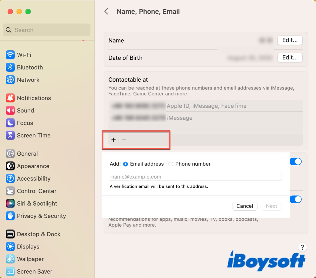 Add other email addresses or phone numbers