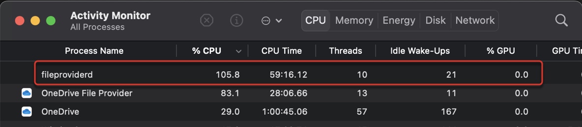 Fileproviderd using a lot of CPU in Activity Monitor