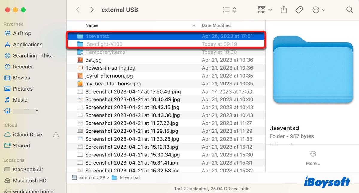 The fseventsd and Spotlight v100 and Trashes folders on USB