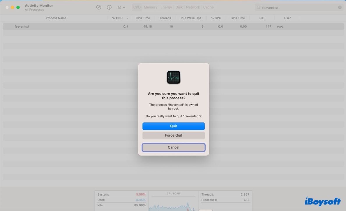Quit fseventsd process in Activity Monitor
