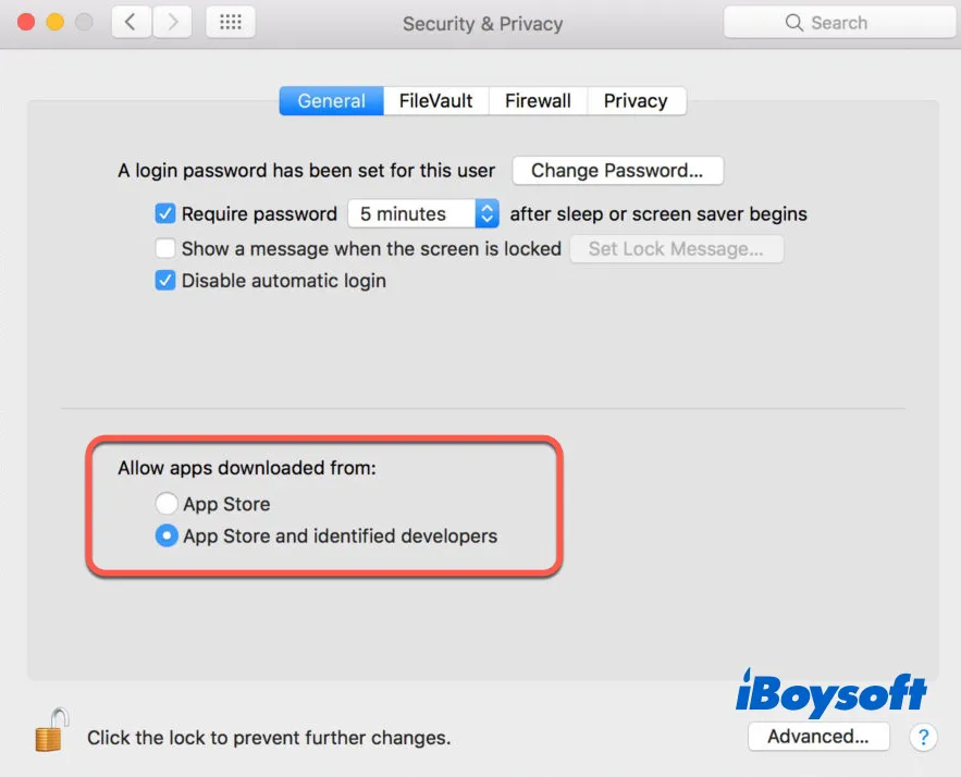 The default Gatekeeper settings in Security & Privacy pane
