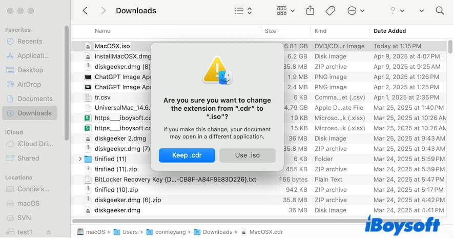 rename cdr to iso on Mac