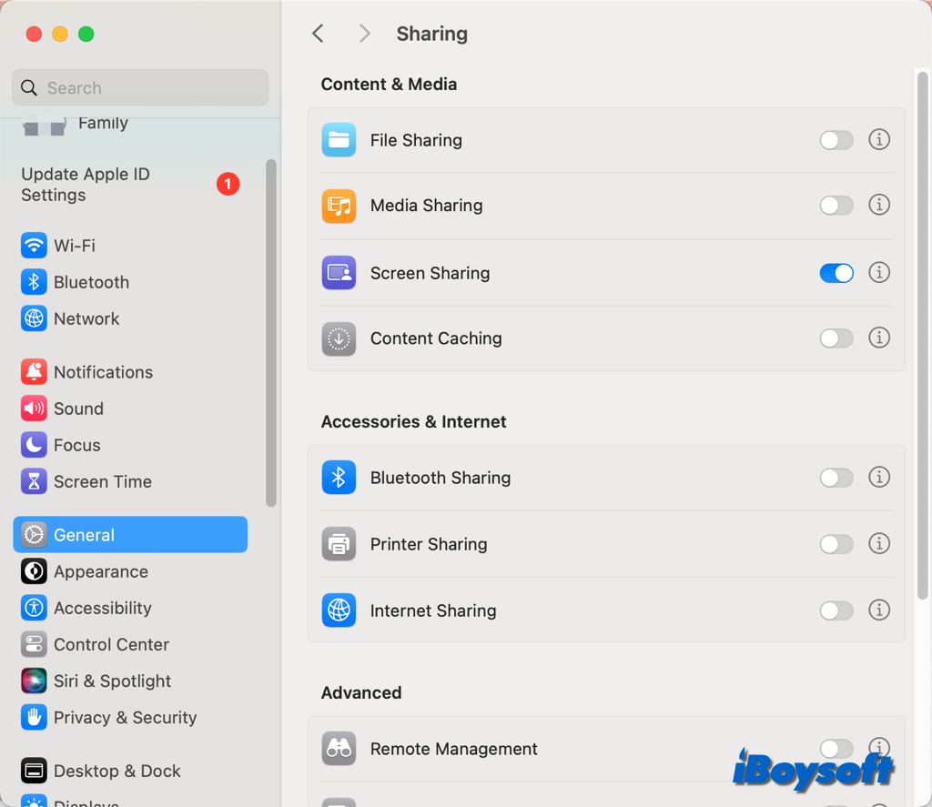 turn on screen sharing