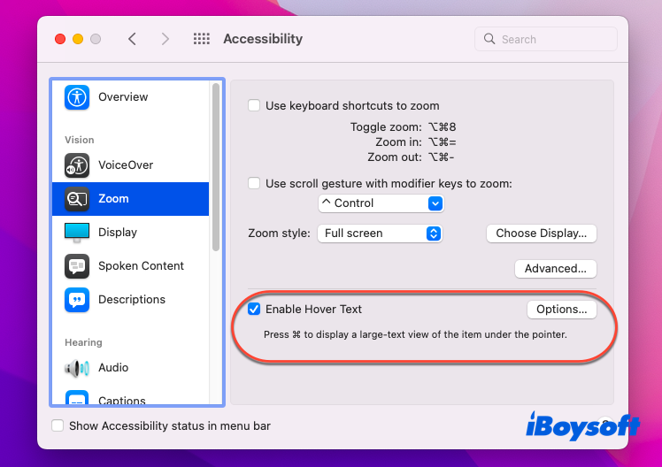 enable Hover Text on Mac