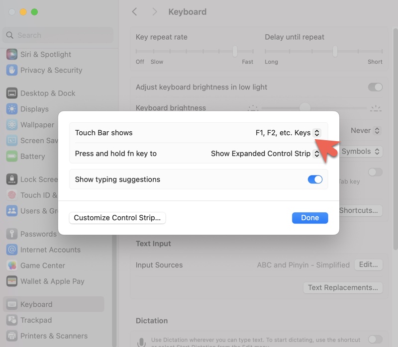 How to show function keys on MacBook Pro Touch Bar