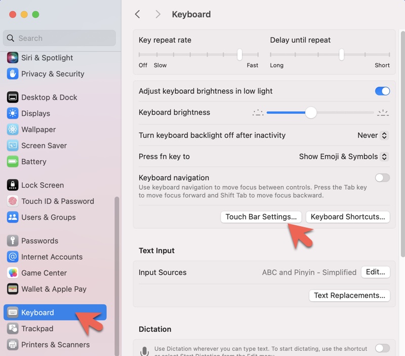 Touch Bar settings on MacBook Pro