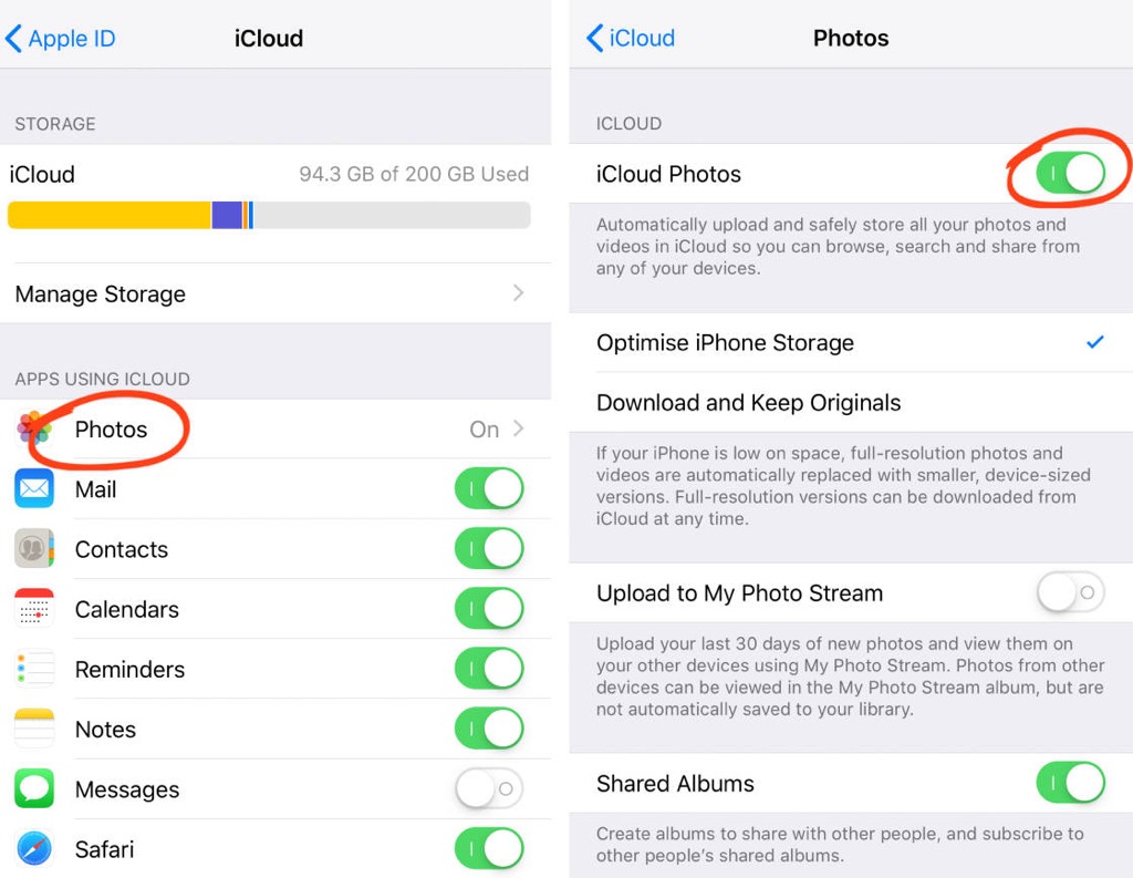 turn on icloud photos iphone