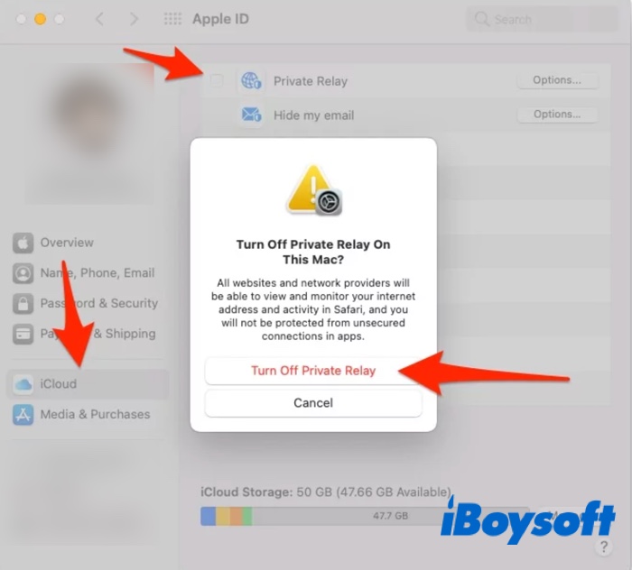 turn off iCloud Private Relay on Mac
