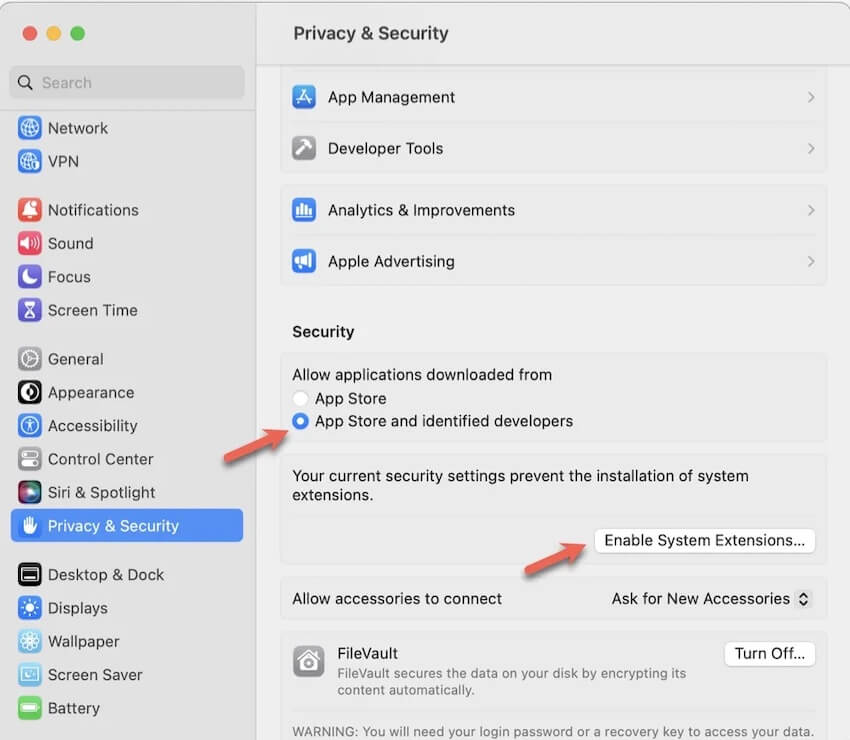 enable system extensions on Mac running Monterey and M1 and M2 Mac