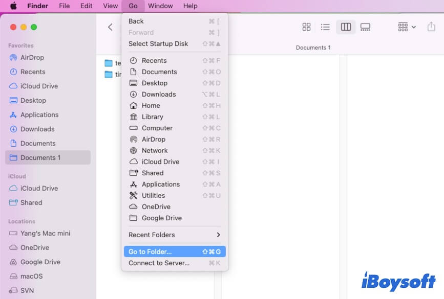 selete Go to Folder in Finder