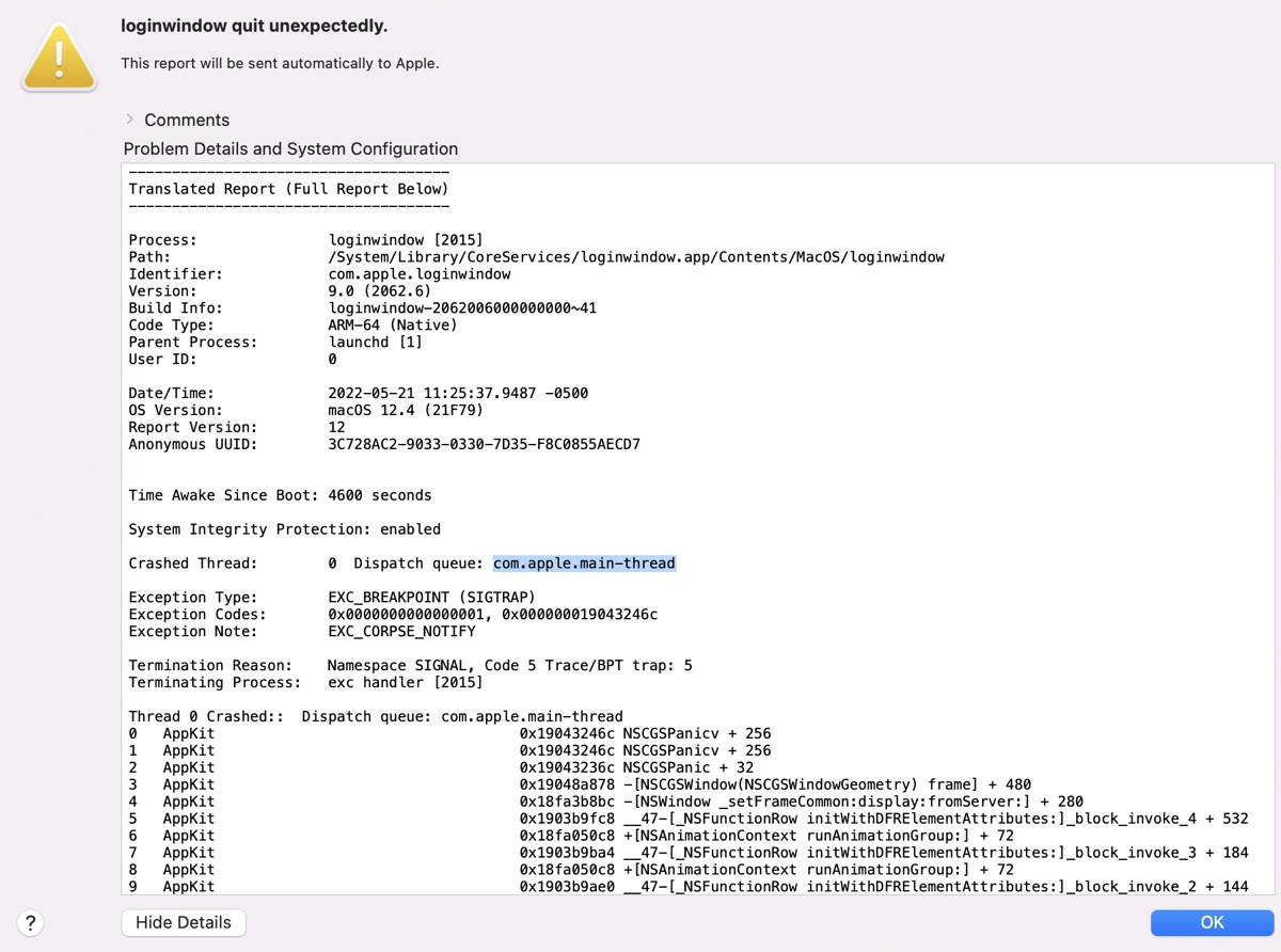 Loginwindow quit unexpectedly report