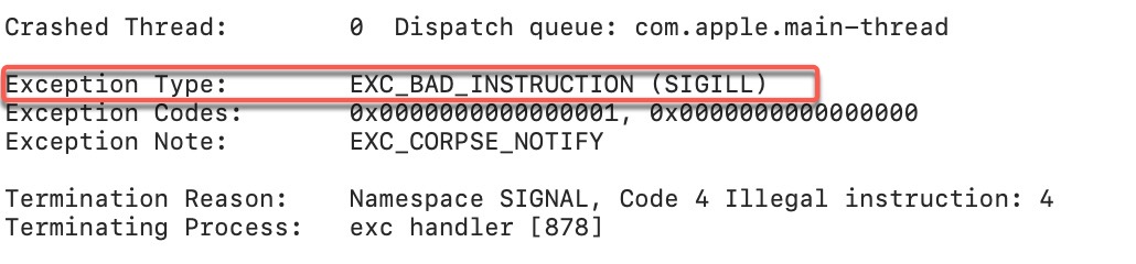 the section of a crash report that lays out the failed thread and exception type