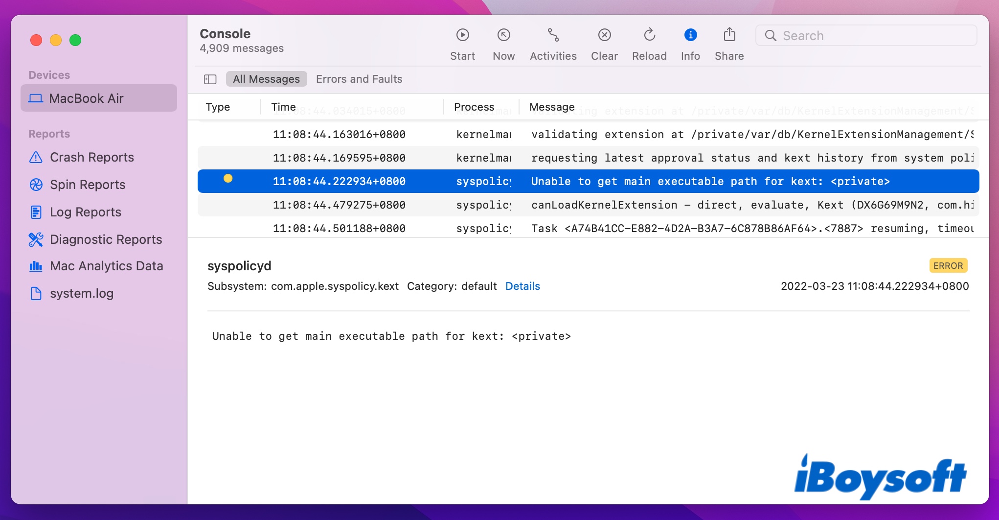 Error log messages on Mac Console