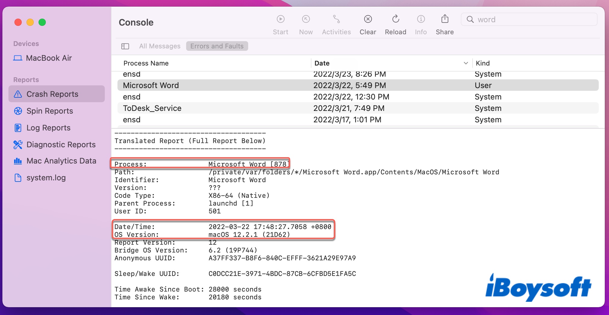 a full report of the Crash Report of Microsoft Word in Mac Console