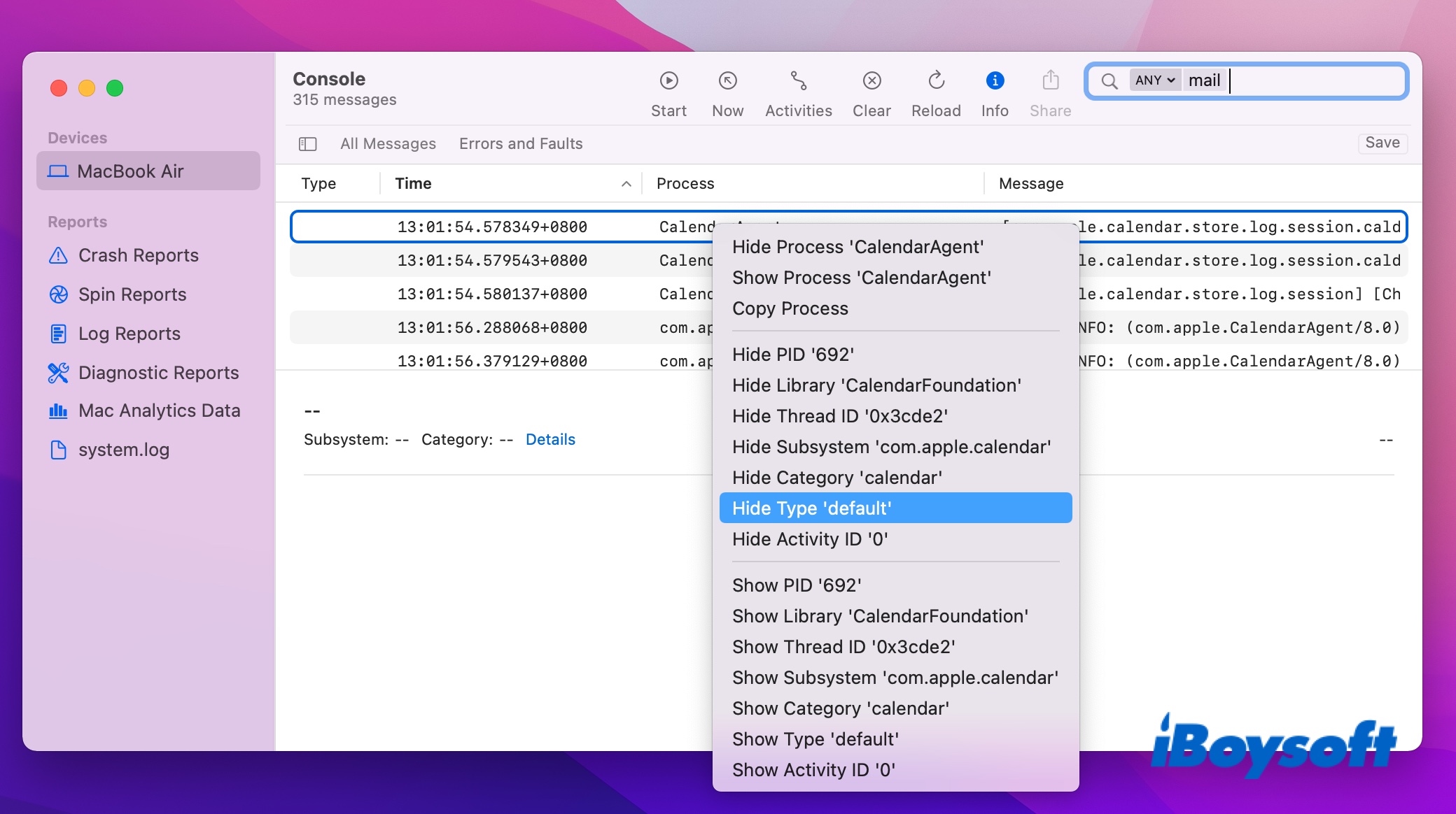 hide the default log messages on macOS Console