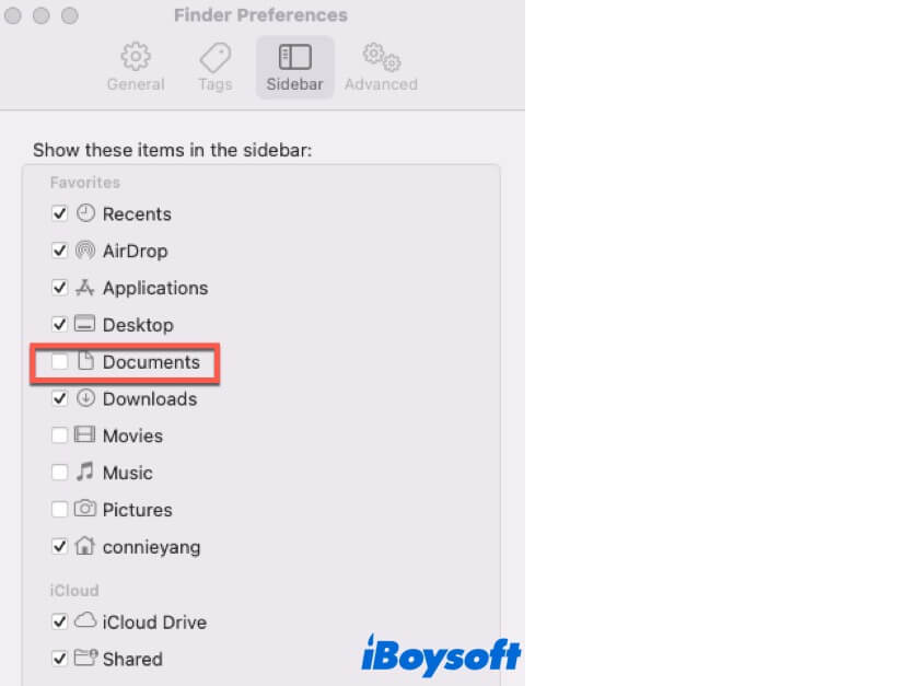 enable Documents folder in Finder preferences
