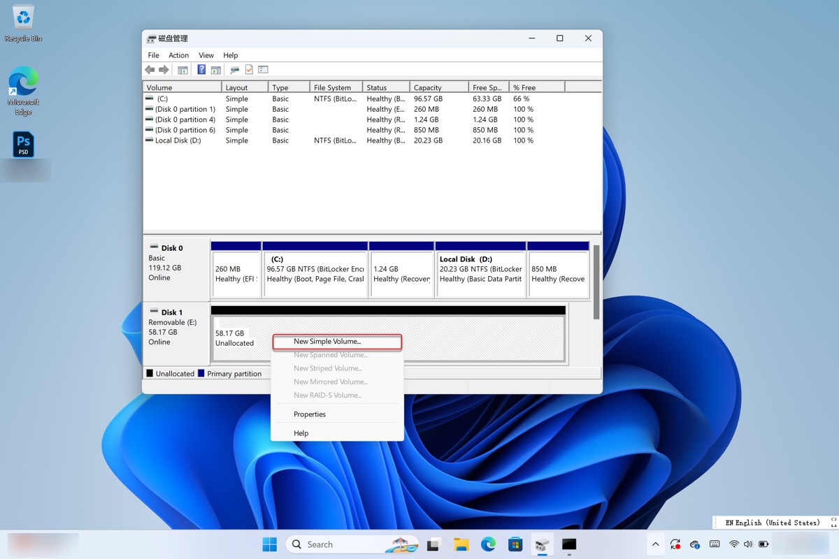 Create a new simple volume on Windows