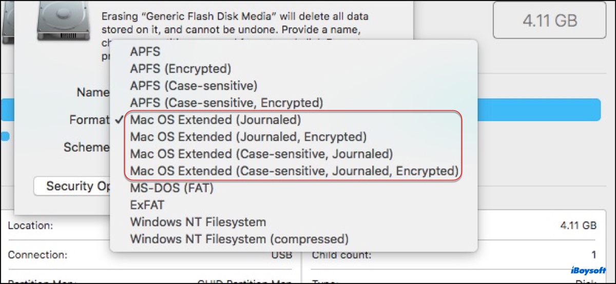 Mac OS Extended Journaled in Disk Utility on macOS Catalina and earlier