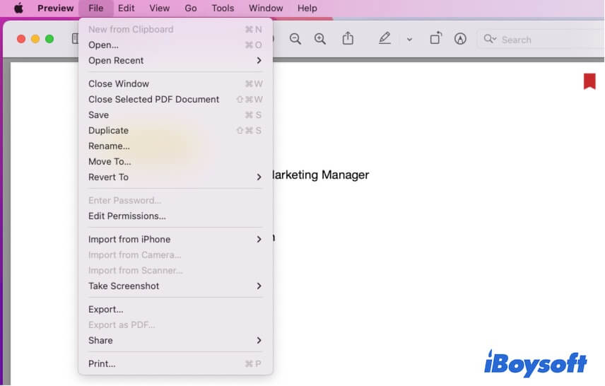 Mac Preview File dropdown menu of PDF