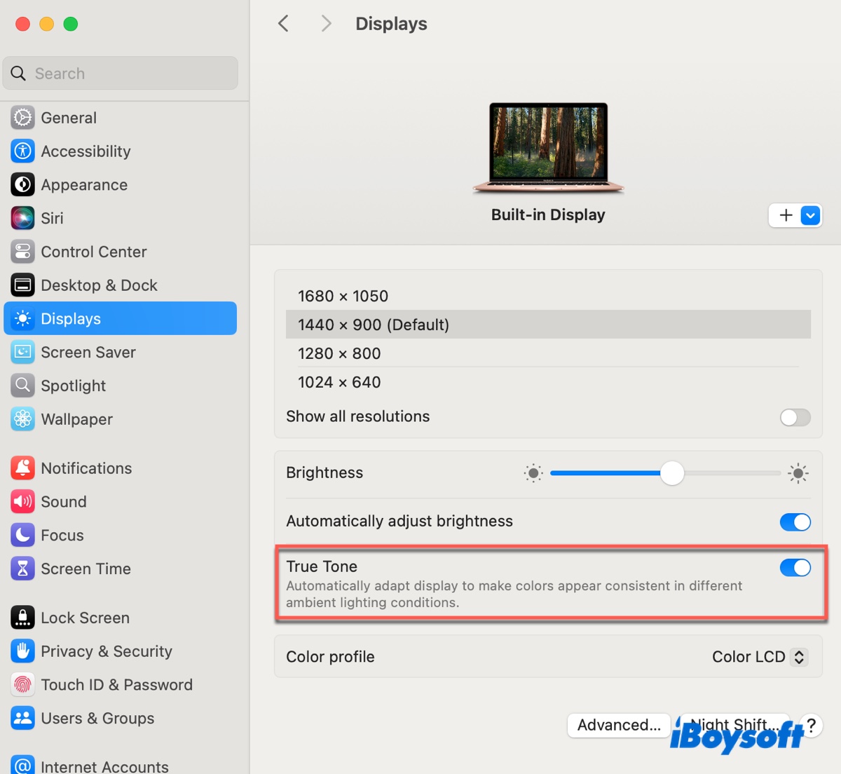 Disable and reenable True Tone to fix Mac purple screen
