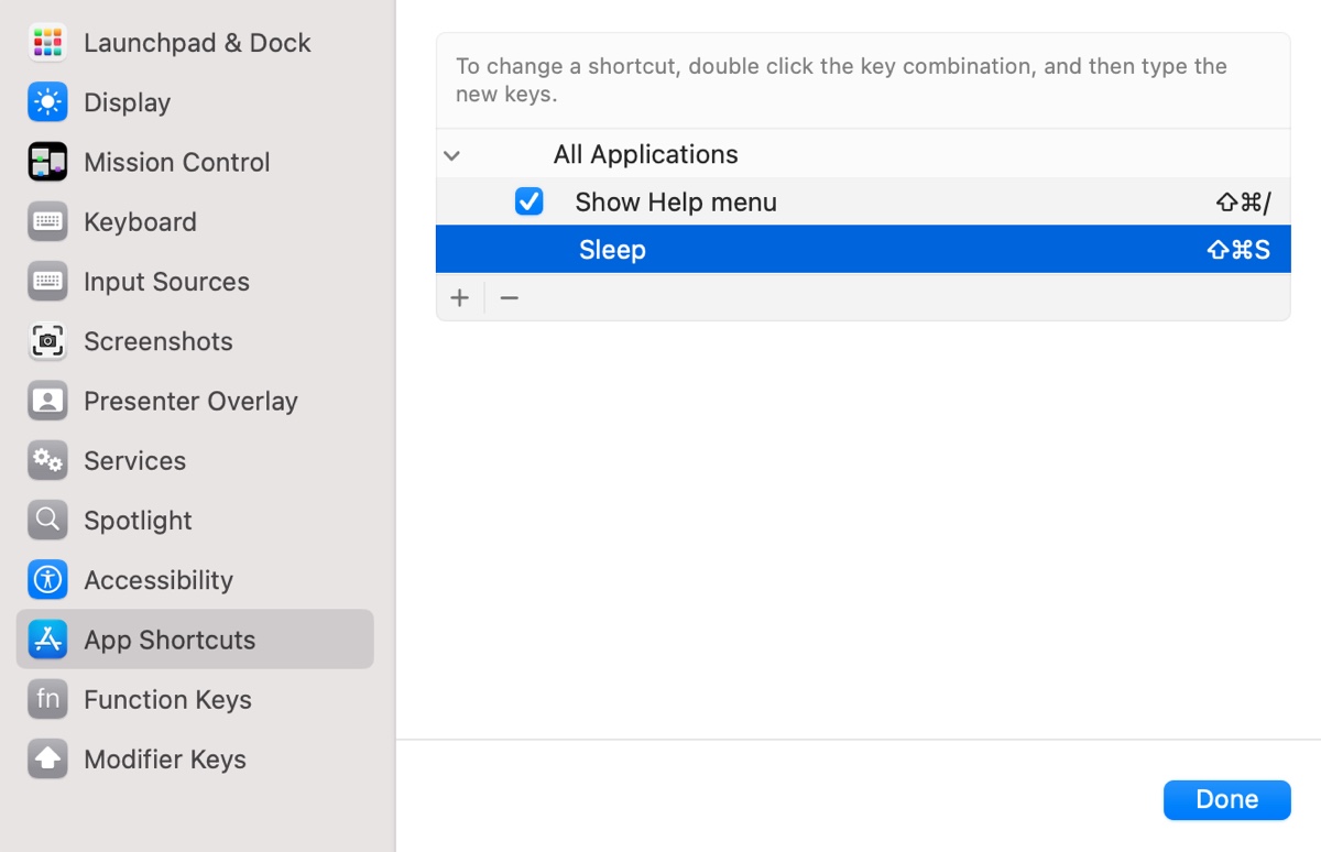 Check your customized sleep keyboard shortcut