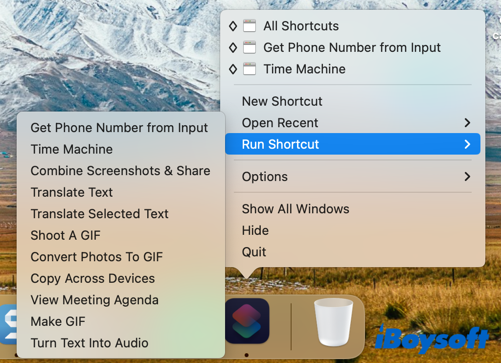 run shortcut from dock