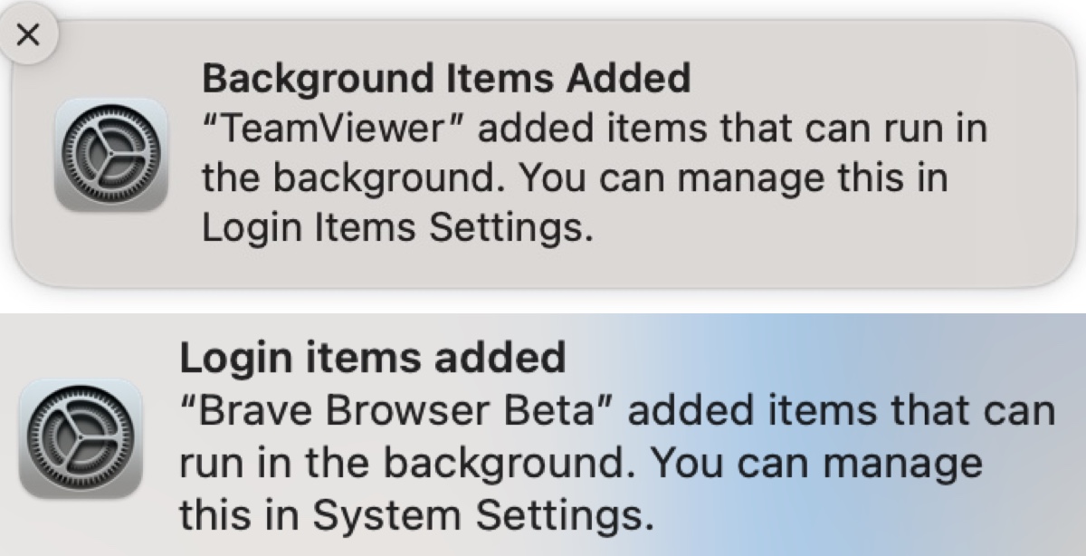 The Baskground Items Added and Login Items Added notifications on Ventura