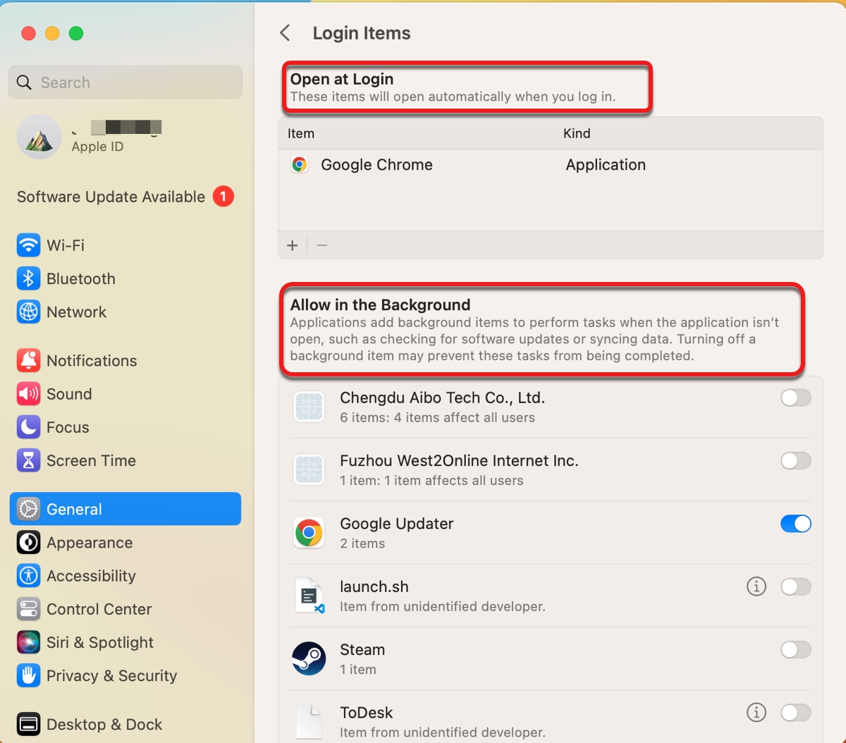 macOS Ventura login items