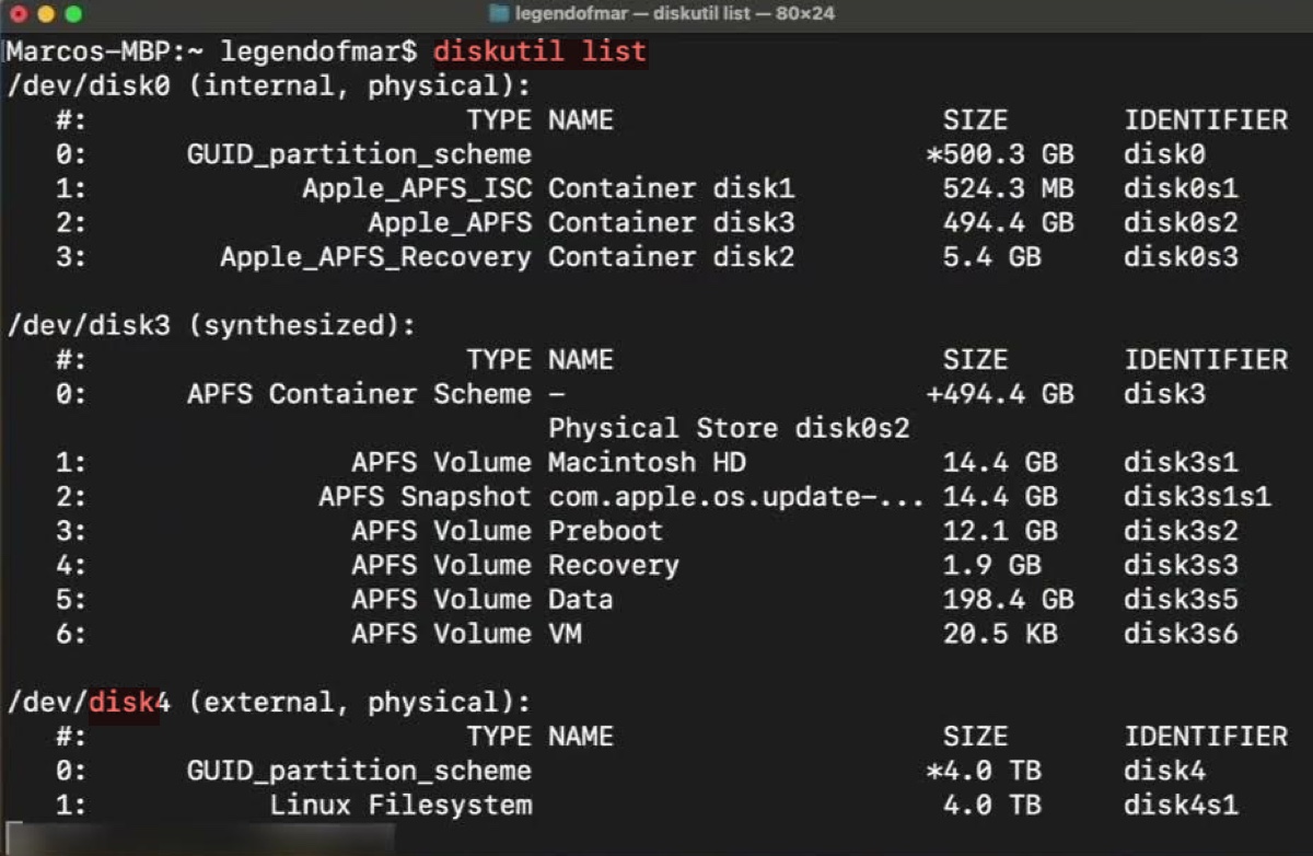 Check disk identiifer of the ext4 drive in Mac Terminal